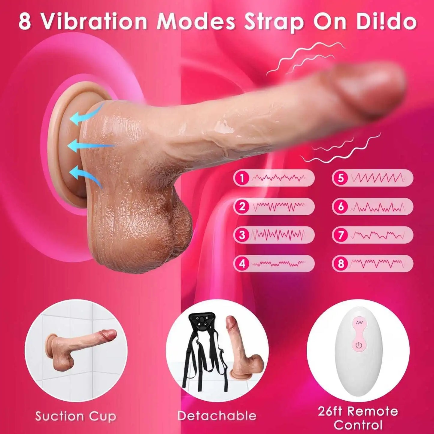 8" Realistic Vibrating Strap On Dildo With Adjustable Strap