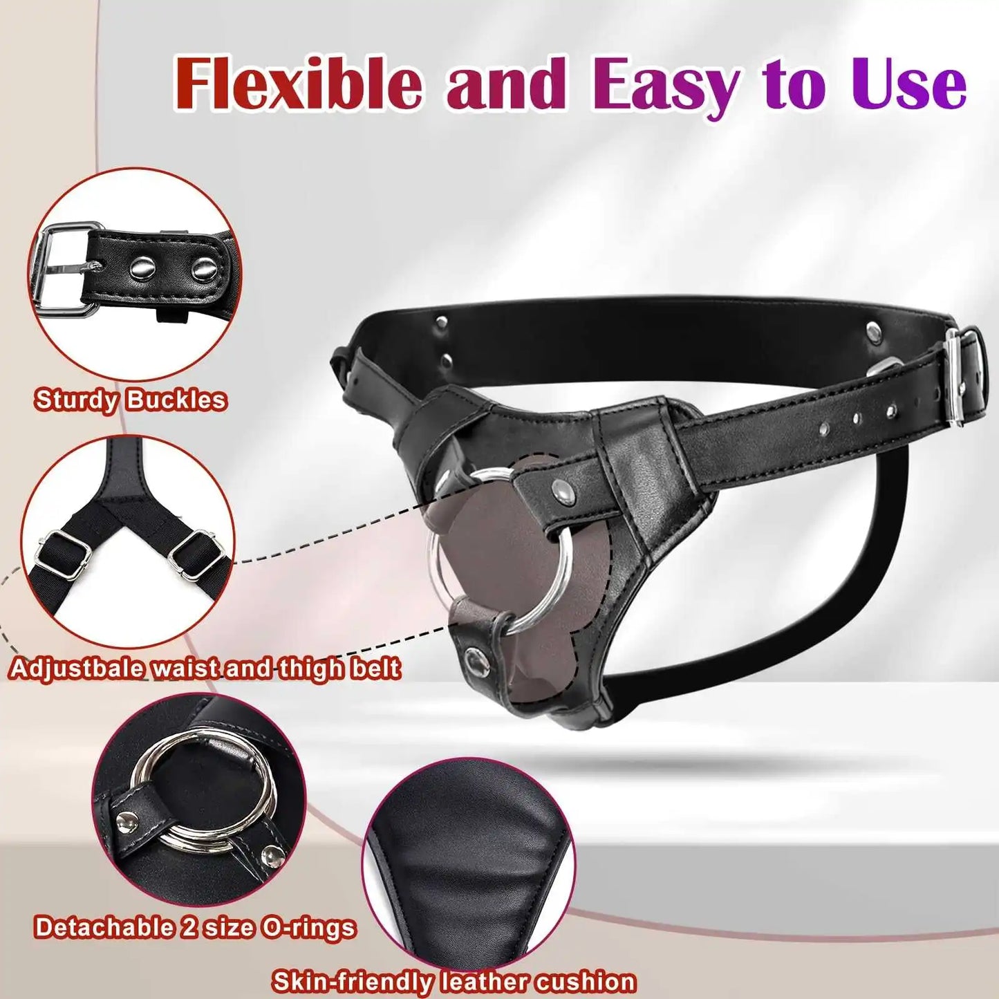 Adult Adjustable Leather Strap On Harness with 2 O-rings