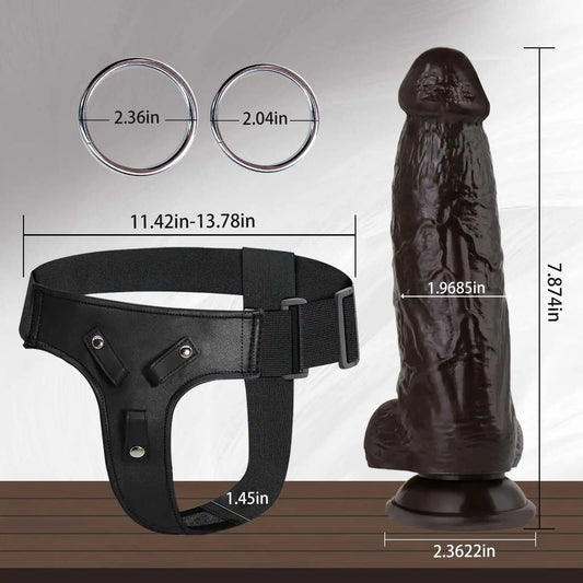7.8" Realistic Black Strap On Dildo with Adjustable Harness
