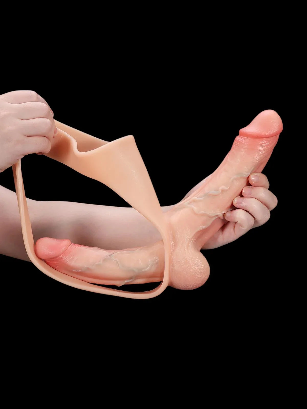 Solvique dual-shaft vibrating silicone strap-on for couples