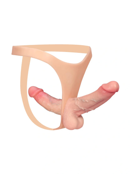 Solvique dual-shaft vibrating silicone strap-on for couples