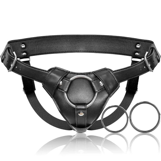 Adult Adjustable Leather Strap On Harness with 2 O-rings