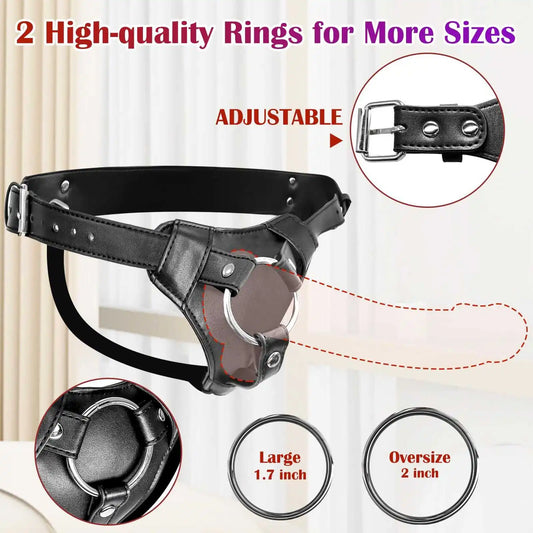 Adult Adjustable Leather Strap On Harness with 2 O-rings