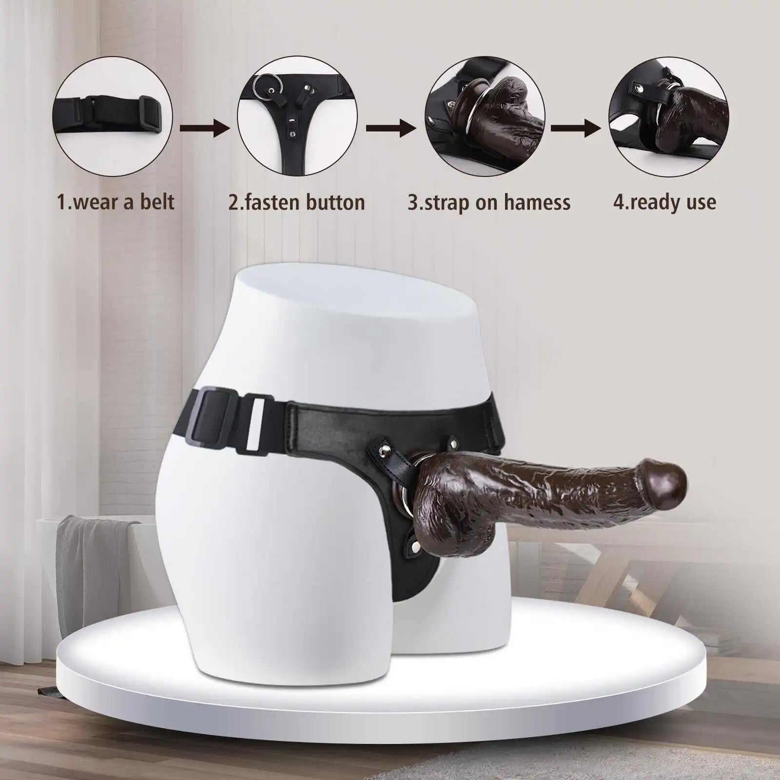 7.8" Realistic Black Strap On Dildo with Adjustable Harness
